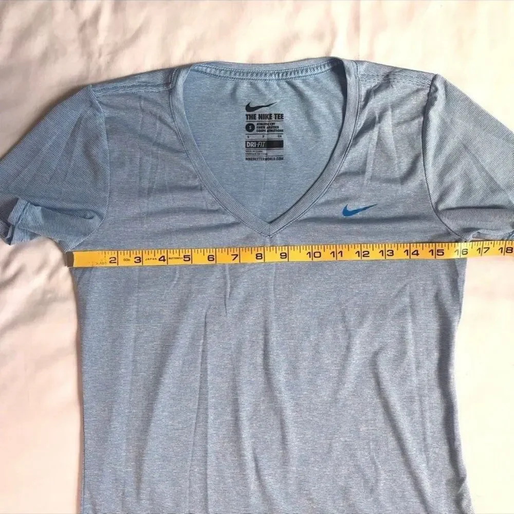 Nike Women's S V-Neck Legend Dri-Fit Blue White Stripe T-shirt Short Sleeve Tee